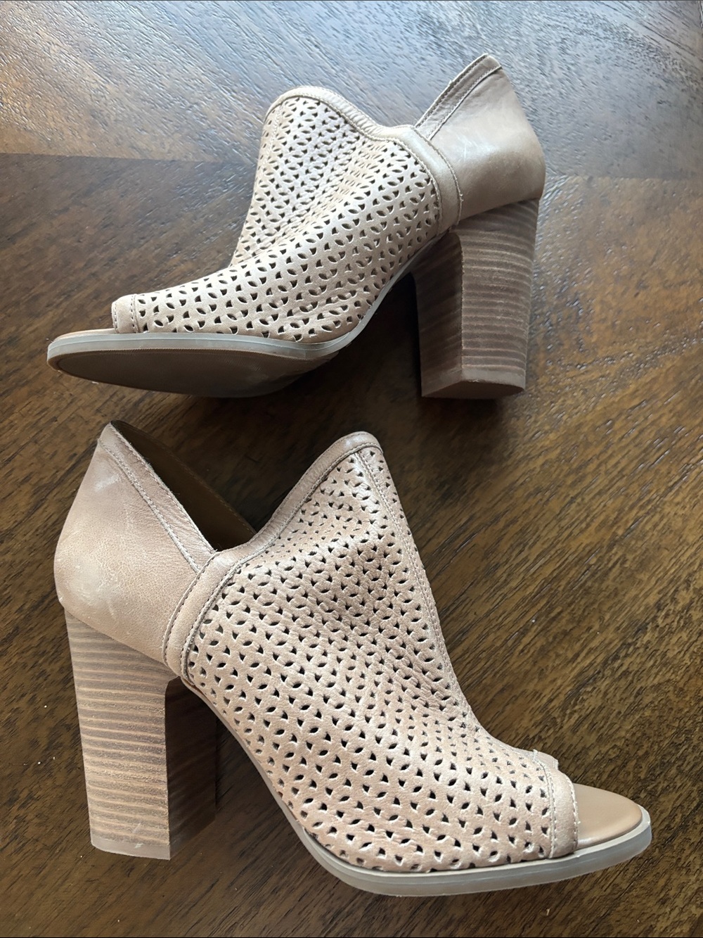 Lucky Brand Tan Perforated Peep-Toe Block Heels